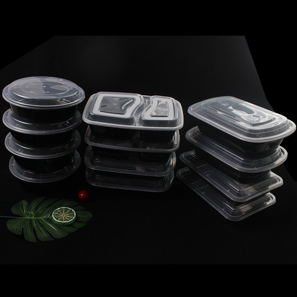 Custom Disposable Plastic Tableware 218mm Length PP Plastic Rectangle Black Box with Lid for Fast Food