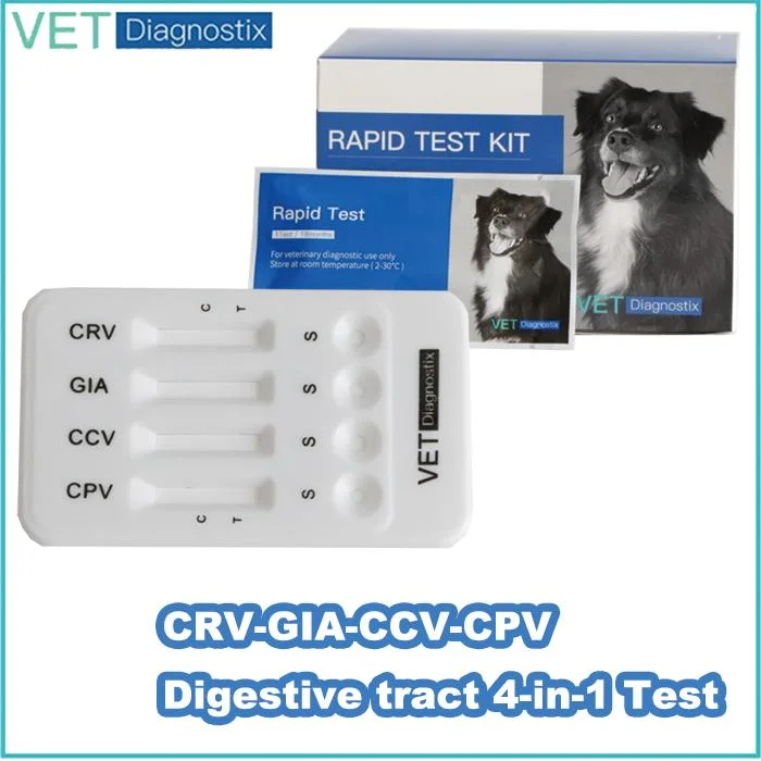 (CPV-CCV-GIA-CRV AG) Prueba rápida veterinaria de antígeno para Parvovirus/Coronavirus/Giardia/Rotavirus en caninos con GMP/ISO9001.