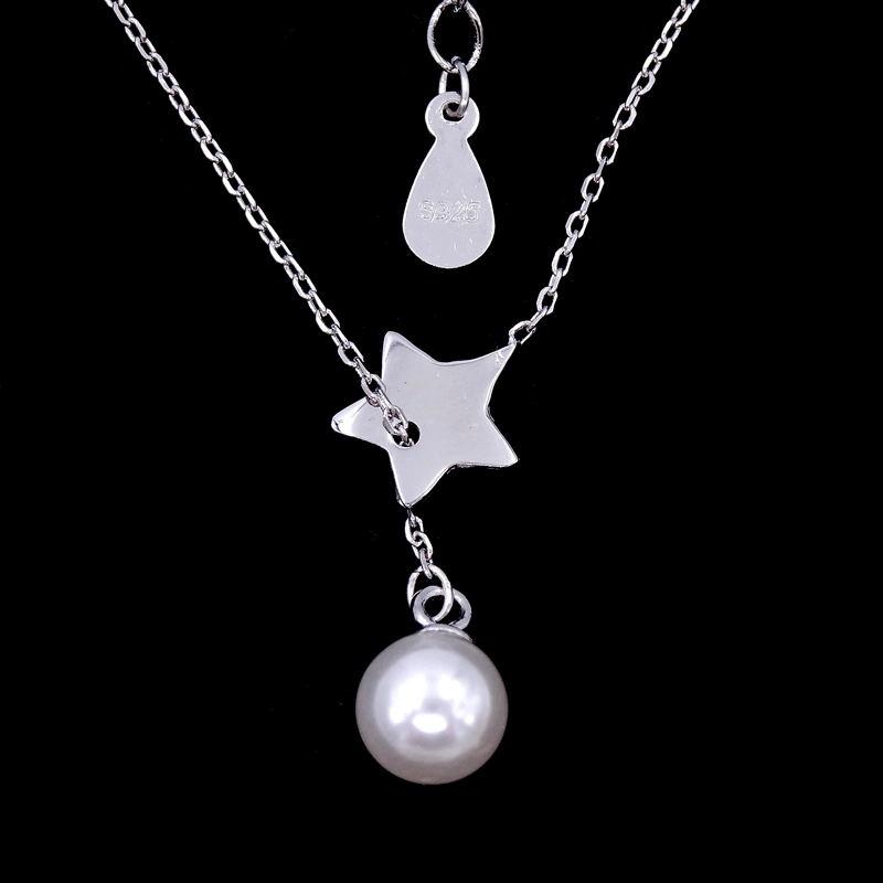 Adjustable Length Pearl Pure Silver Necklace with Star Shaped Blank Design