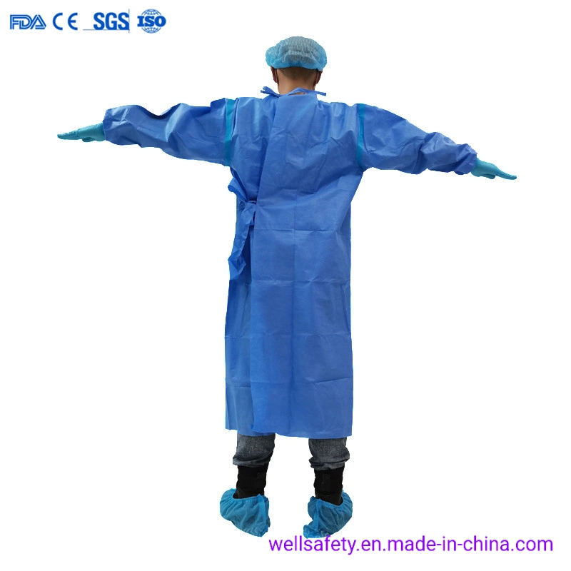 Fabrik Direktverkauf AAMI Level 3 Einweg SMS Blau chirurgisch Kleid Strickmanschette mit Klebestreifen 45g Krankenhaus Special Isolation Kleid Anti-Liquid Blood En1412