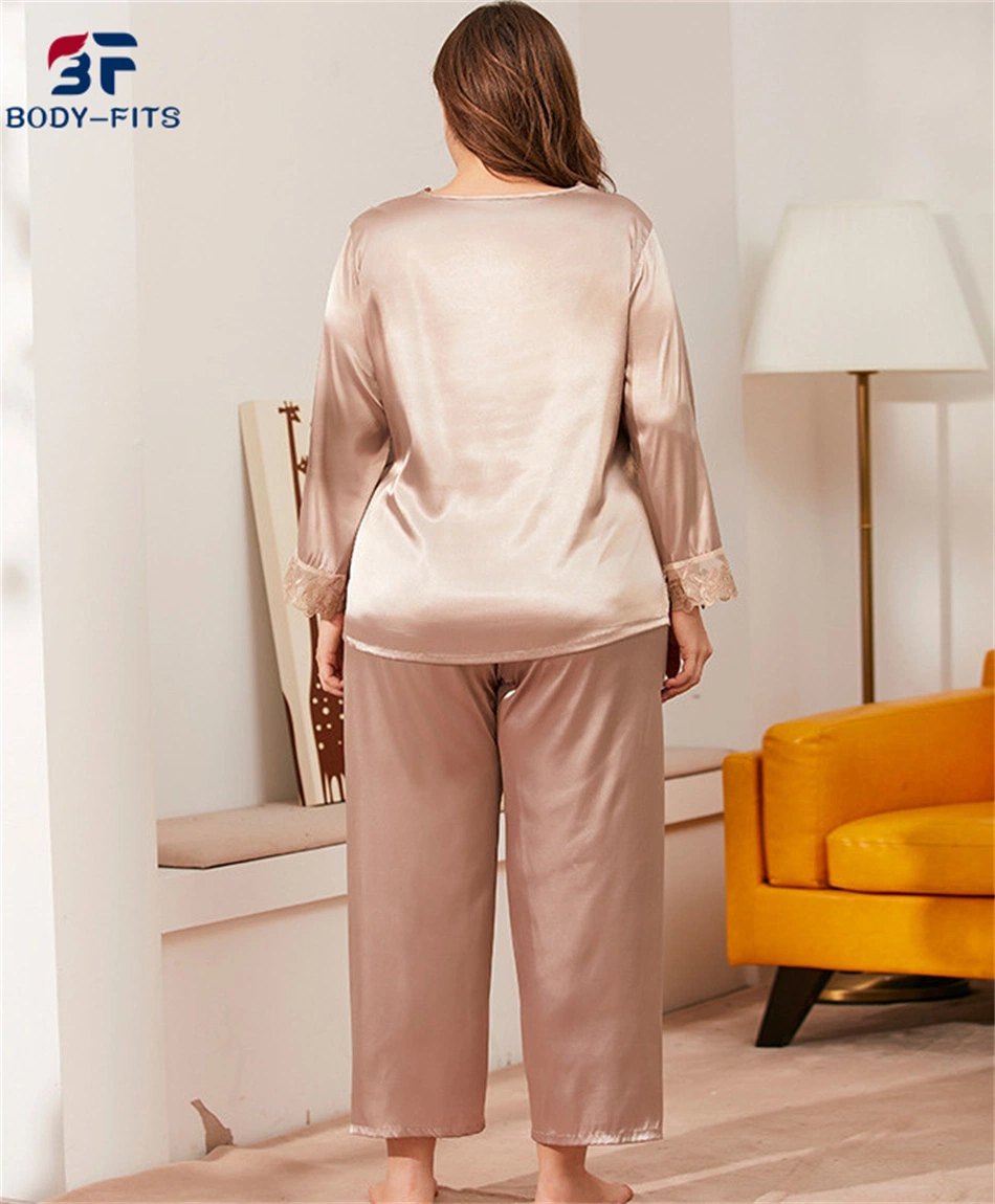 Women Plus Size Long Sleeve Satin Silk Pajamas 2 Pieces Set Lace Sleepwear