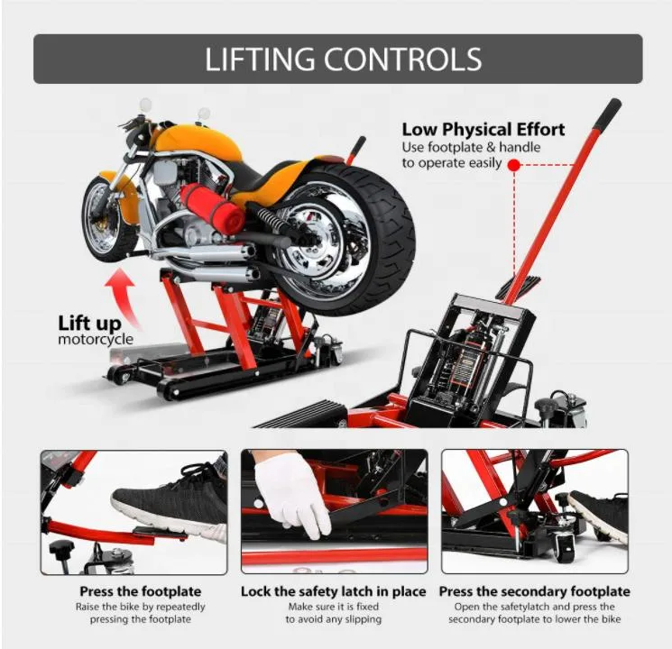 Béquille de levage réglable de 1 500 lb sur pied pour moto/VTT Table de cric rouleur Outils de levage d'atelier de levage de palan