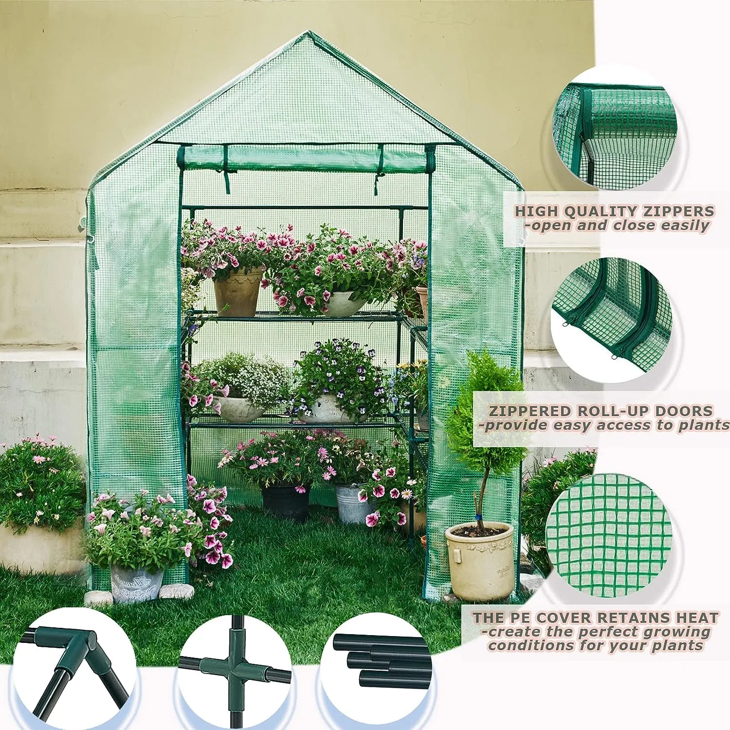 Heavy Duty Powder-Coated Steel Walk-in Greenhouse for Outdoors