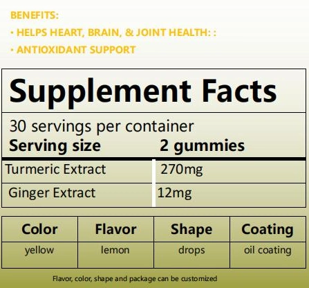 Sample Customization OEM Lemon Oil Coating Drop Shape Turmeric Gummy for Reduce Blood Cholesterol