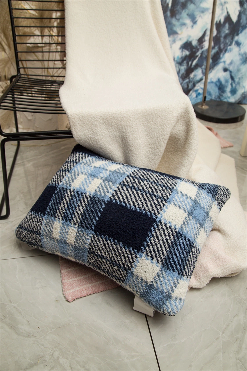 Cozy Knitting Feather Snug Hazy Navy Blue Check Waffle Multi Jacquard Plush Home Decoration Sofa Coussin Bed Sheet Embroidery Throw Soft Cushion Cover Pillow