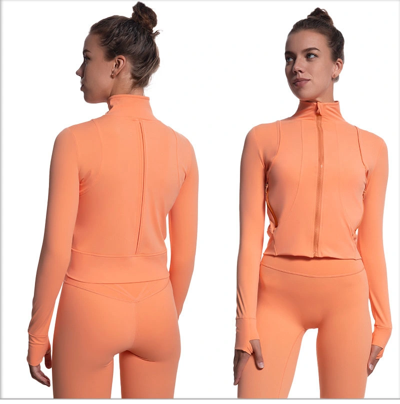 Ropa de yoga ajustada mujeres′ S Soporte suelto cuello Zipper Hooded Abrigo traje de secado rápido ropa de yoga de bolsillo para mujer