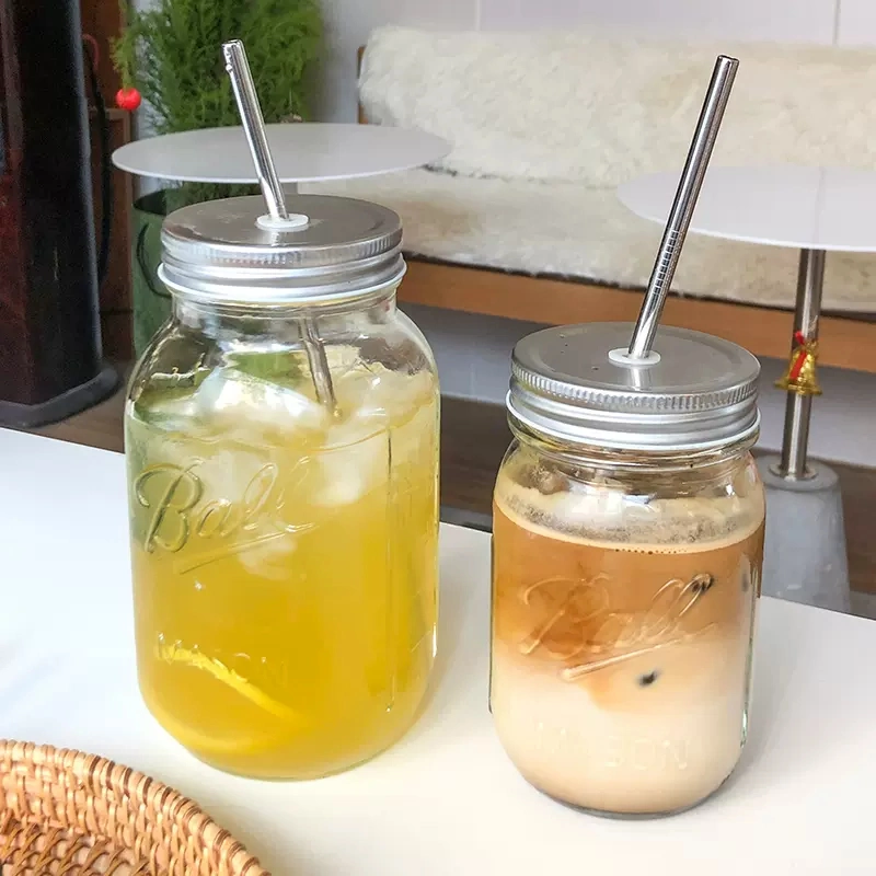 High Borosilicate Transparent Clear Large 750ml Can Shaped Containers Mason Jar Metal Lid Cola Beer Glass Cup with Straw