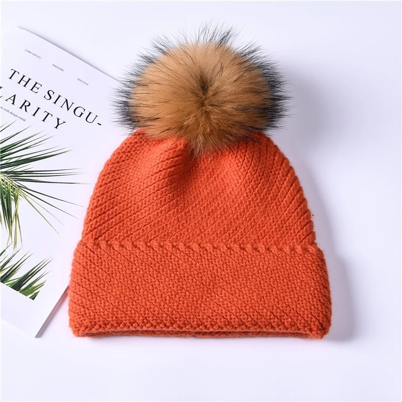 High Quality Custom Real Raccoon Fur Ball Wholesale Soft Warm Wool Cashmere Beanie Hat with POM POM