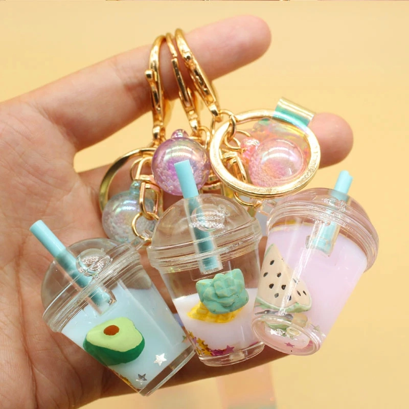 Liquid Filled Plastic Star Fire Truck Bundles of Key Ring Wholesale/Supplier Fruit Tea Boba Mini Toy Hot Selling Popular Decoration Keychain for Sale