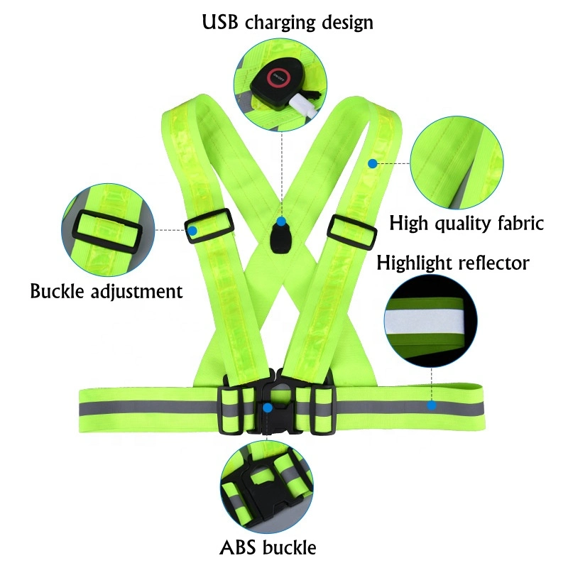 Custom Logo USB Rechargeable LED Reflective Vest Elastic Adjustable Running Traffic Sports Safety Vest with LED Flashing Light