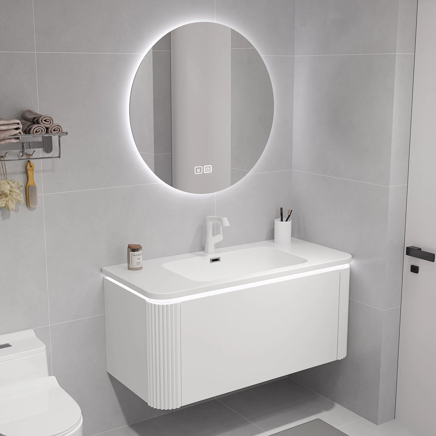 Lavabo de cerámica de una pieza con cabina de baño de luz LED