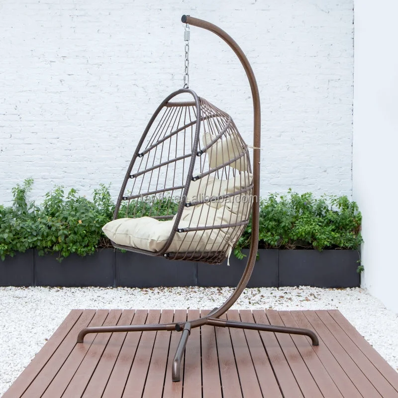 Foldable Wicker Hanging Egg Chair Rope Swing Chair Rattan Outdoor Patio Swing with Metal Standpopular