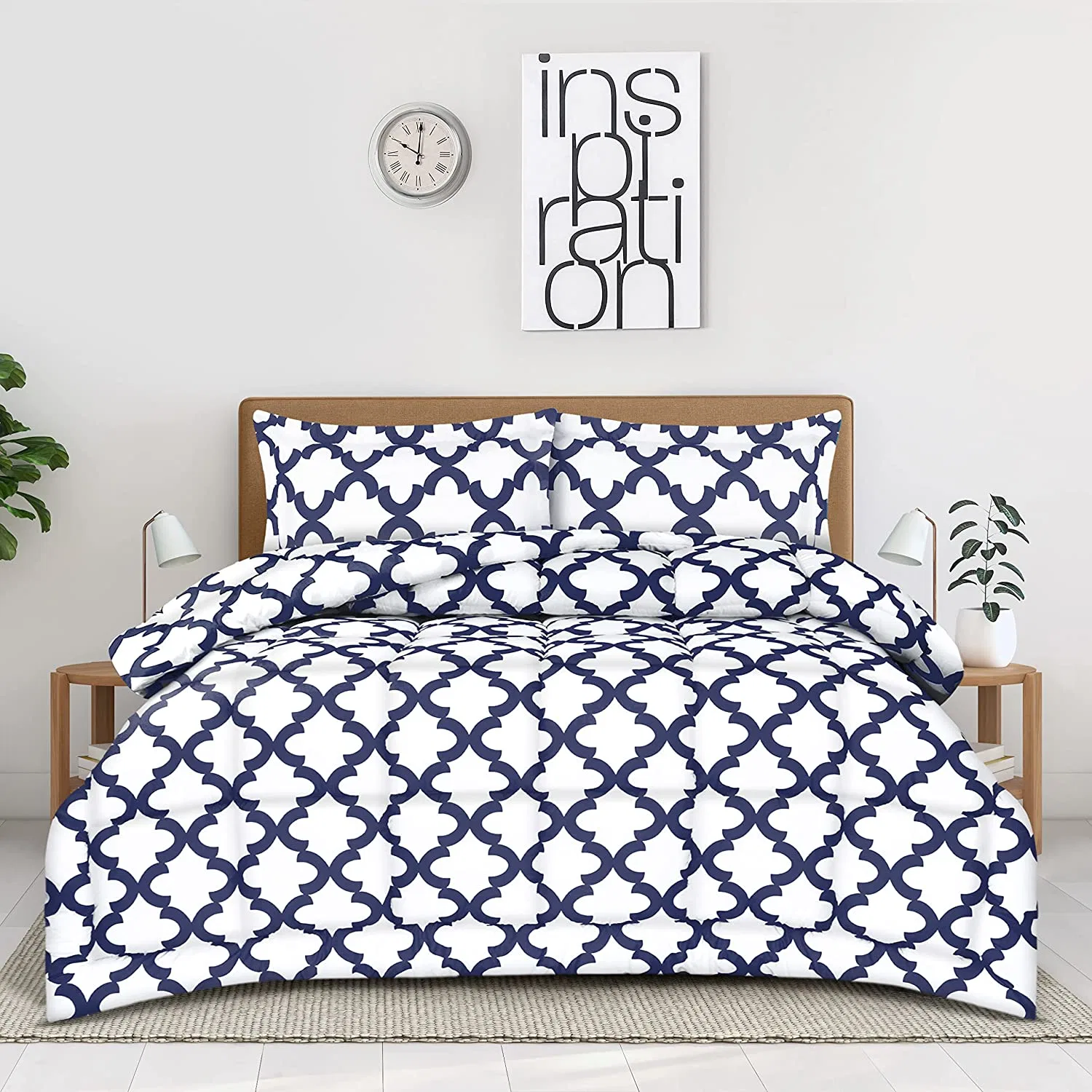Bedding Queen Comforter Set (White Navy) with 2 Pillow Shams - Bedding Comforter Sets - Down Alternative Comforter - Soft and Comfortable