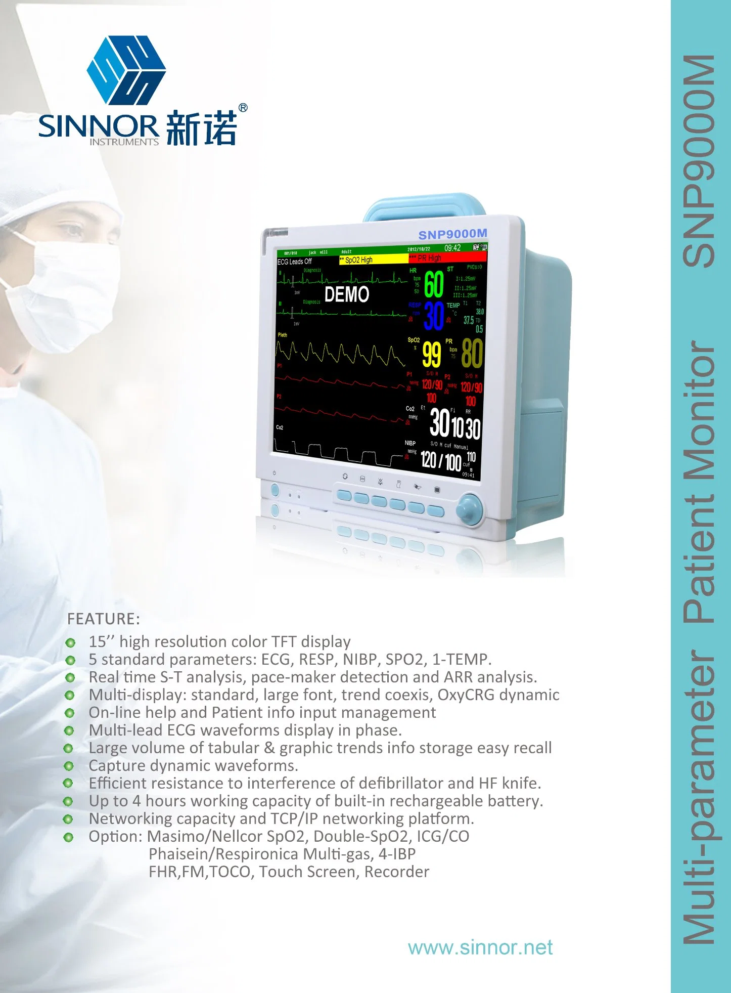 Sinnor portátil de 15 pulgadas Monitor de paciente con el sistema de centro de WiFi (SNP9000M) /monitor de ECG/Monitor cardíaco