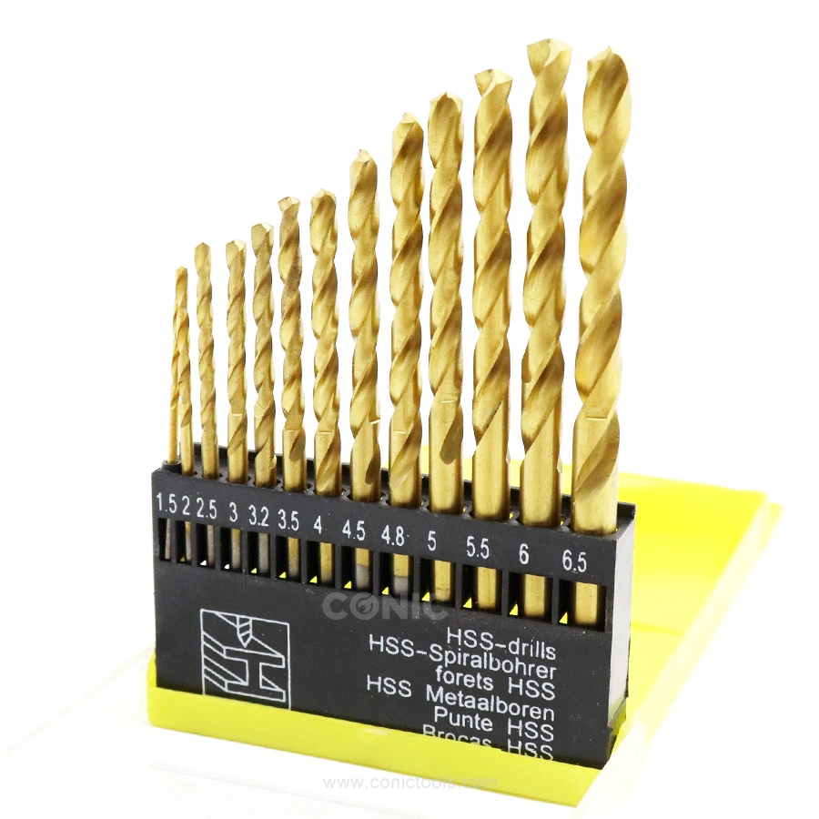 13PC 1.5mm-6.5mm HSS Titanium-Plated Twist Drill Bit Set for Stainless Steel Metal Drills