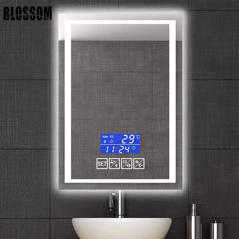 مرآة LED للحمام بتقنية Bluetooth الذكية مع ساعة رقمية مضاءة بدون مفتاح
