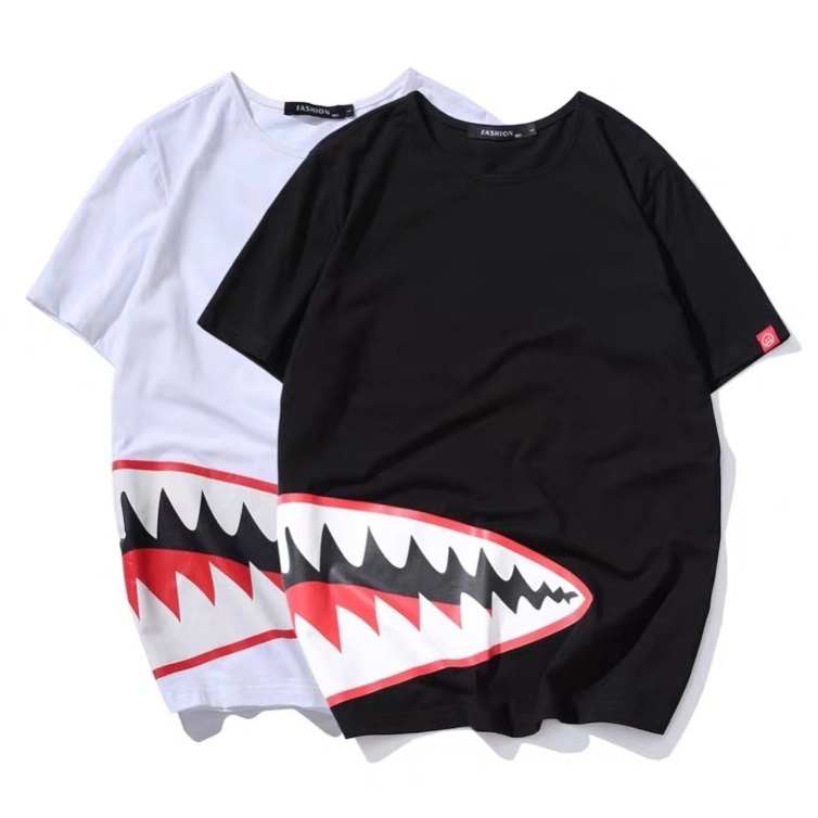 Custom Fashion Summer Short Sleeve Casual Mens White Shark Printing 100% Cotton Black Streetwear Hip Hop Tee Shirt