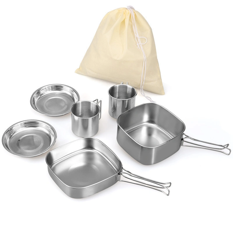 Outdoor Camping Tableware Portable Stainless Steel Dinner Plate 6-Piece Set