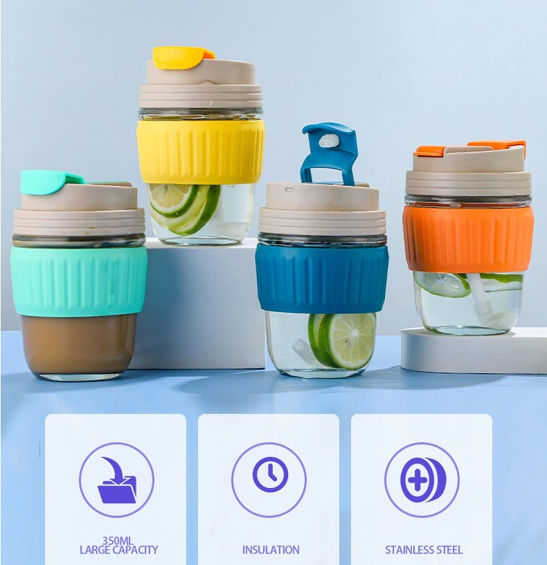 12oz BPA Free Reusable Eco-Friendly Cute 350ml Travel Keep Glass Coffee Cup Mug with Silicone Lid and Sleeve