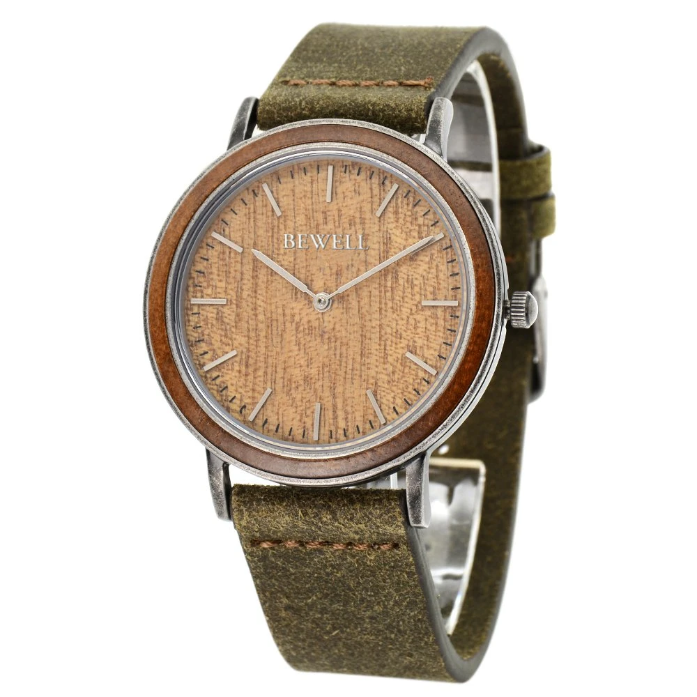 Bewell Fashion Gift Stainless Steel Genuine Leather Water Resistant Wrist Wood Watch