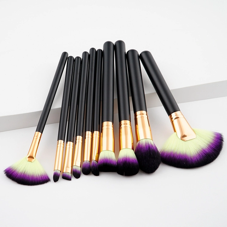 Herramientas de belleza maquillaje de alta calidad 10pcs Fan-Shaped Gran Juego de cepillos de mango de madera negra de tubo de Oro 5 cepillos cosméticos estilos para elegir