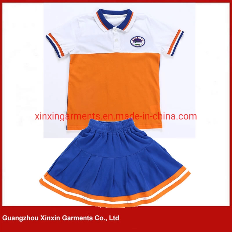 Girls Wearing School Uniform Short Sleeve Polo Shirt and Pleated Knit Skirts for School Wear (U114)