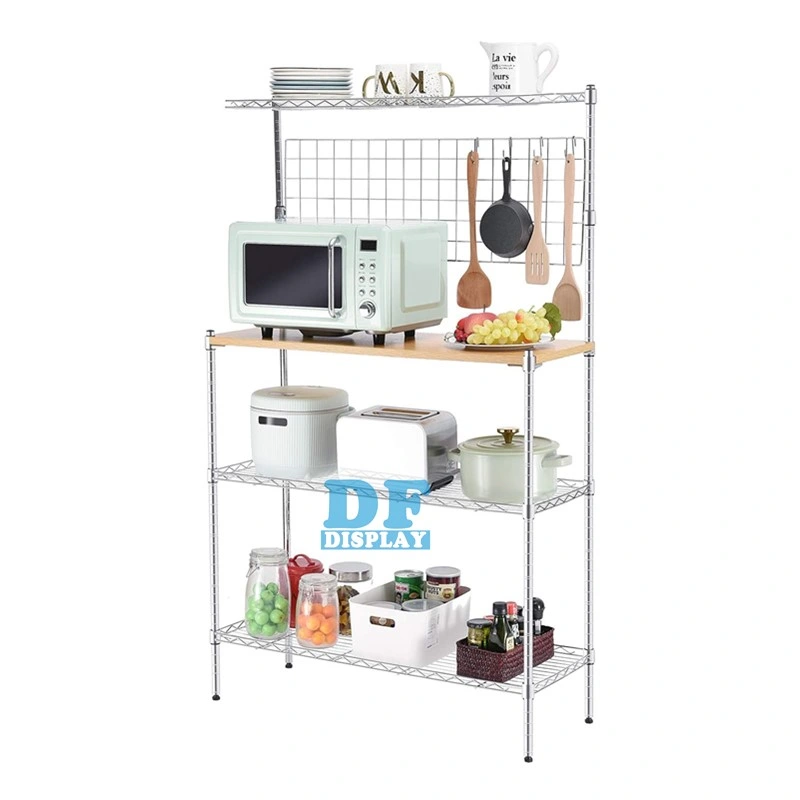 Standing Baker's Racks with Wood Table Kitchen Microwave Oven Stand 4-Tier Metal Utility Storage Shelf with Mesh Panel, Height Adjustable Free Standing