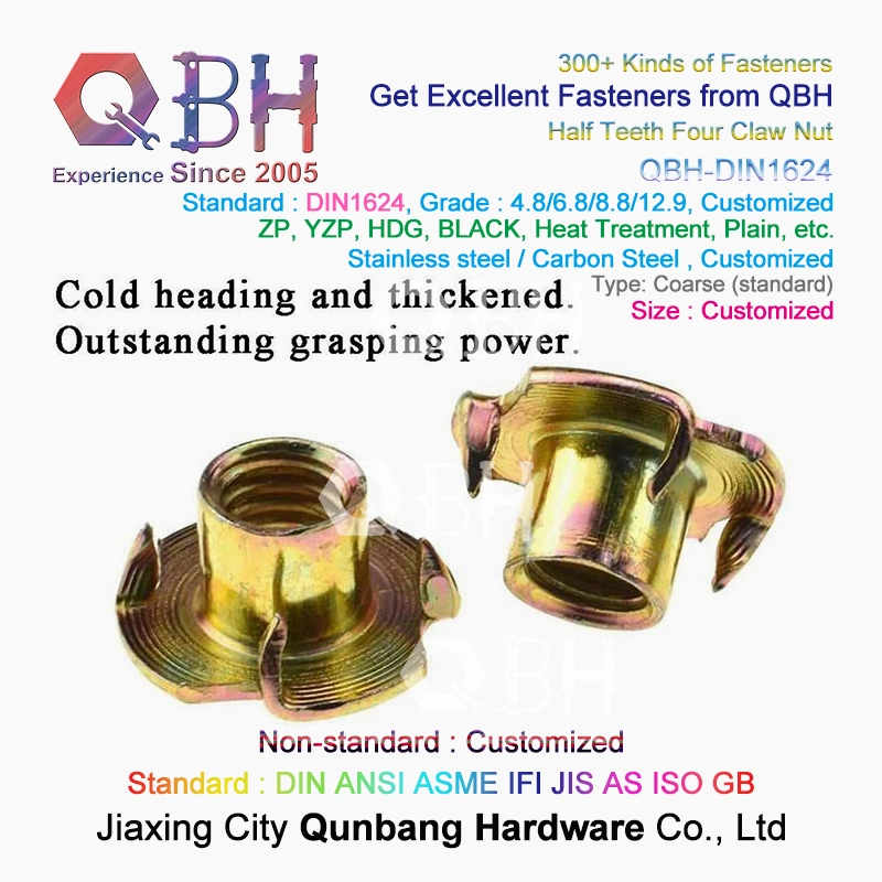 Qbh Customized OEM ODM DIN 1624 T-Nut Carbon Stainless Steel Fixing Wood Furniture/Plywood/Particle Board/CNC Router on Wood Climbing Wall Threaded Inserts