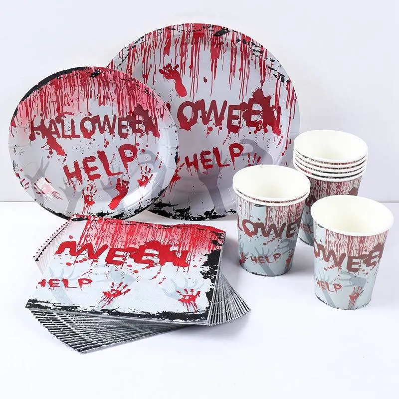 Vajilla desechable sangre papel de mano taza Juego de plato Halloween Fiesta Suministros de decoración