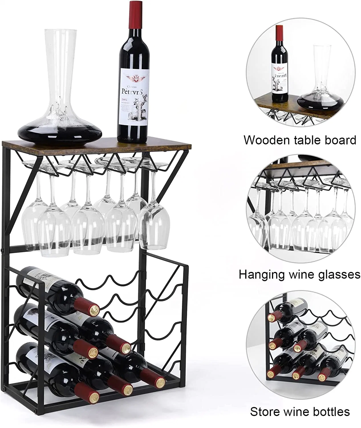 HS115 independente para Rack 12 garrafas de vinho, Suporte para Prateleira de armazenamento do vinho com porta-óculos e vinho de mesa, suporte para bancada de cozinha em casa (Marrom)