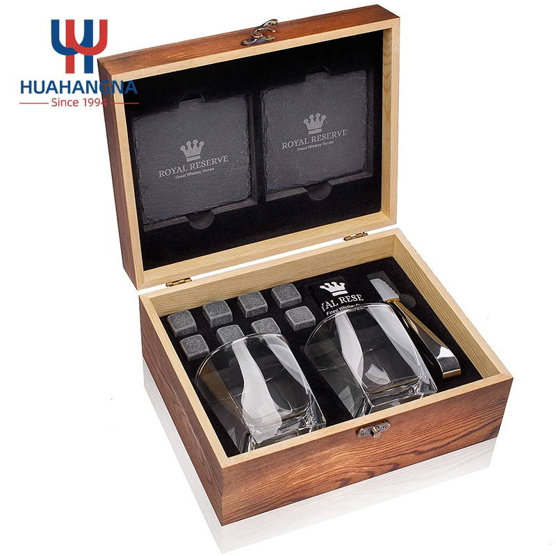 Old Fashioned Bourbon Cocktail Whiskey Glasses Set with Granite Chilling Whisky Rocks in Wooden Gift Box