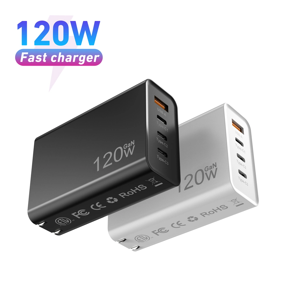 Multiporta portátil Super Fast GaN tipo C Multi 4 portas Carregador de parede USB C PD USB C Phone de 120 W.