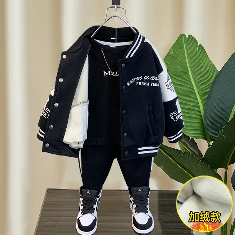 Boys' Padded Baseball Suit Suit 2022 Autumn and Winter Children's Baby Thickened One Fleece Sportswear Two-Piece Tide