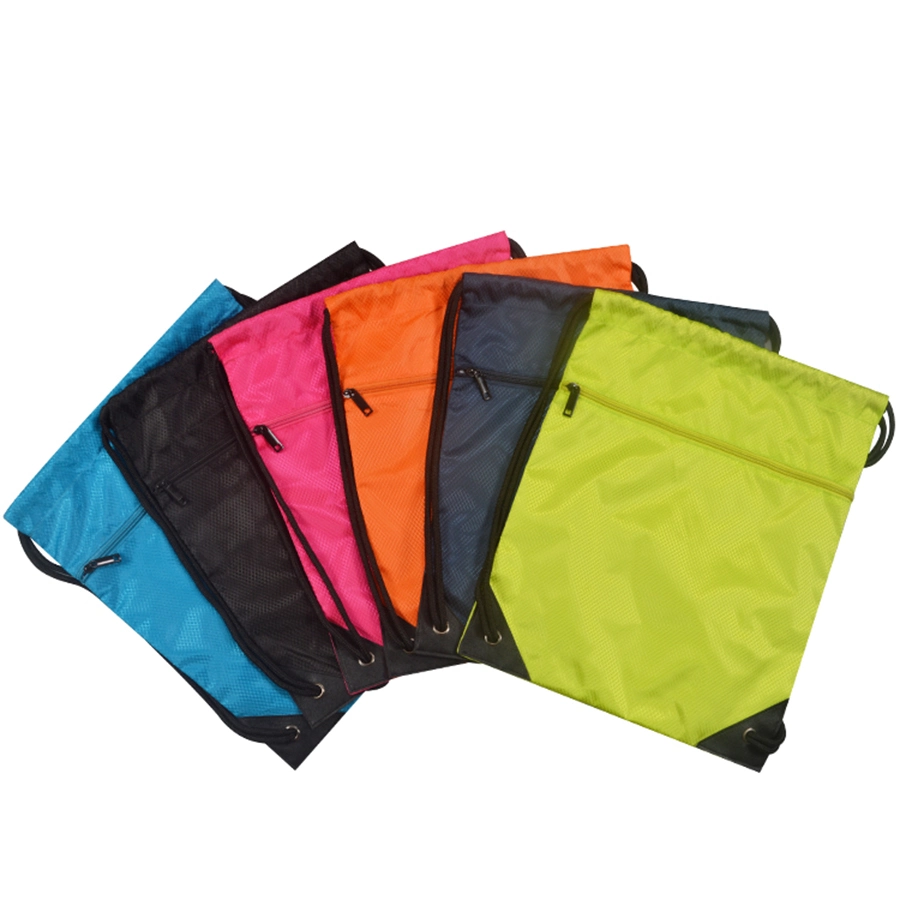 Sac en nylon Ripstop réutilisable, sac à cordon en polyester, sac promotionnel, sacs de sport, sacs de gym, avec poche avant à fermeture éclair, multicolore