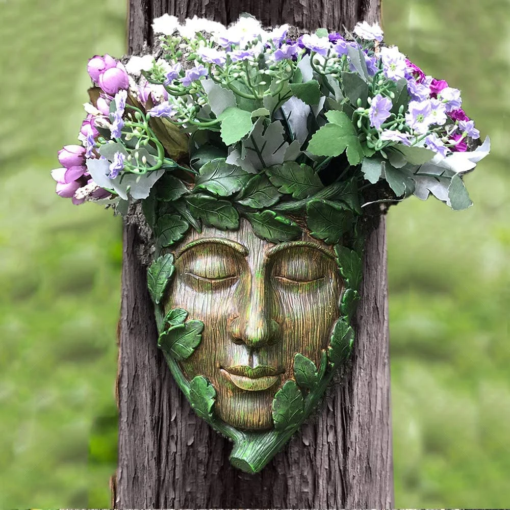 Hand Painted Resin Green Man Tree Face Tree Hugger Sculpture Flower Pot for Outdoor Tree Decoration