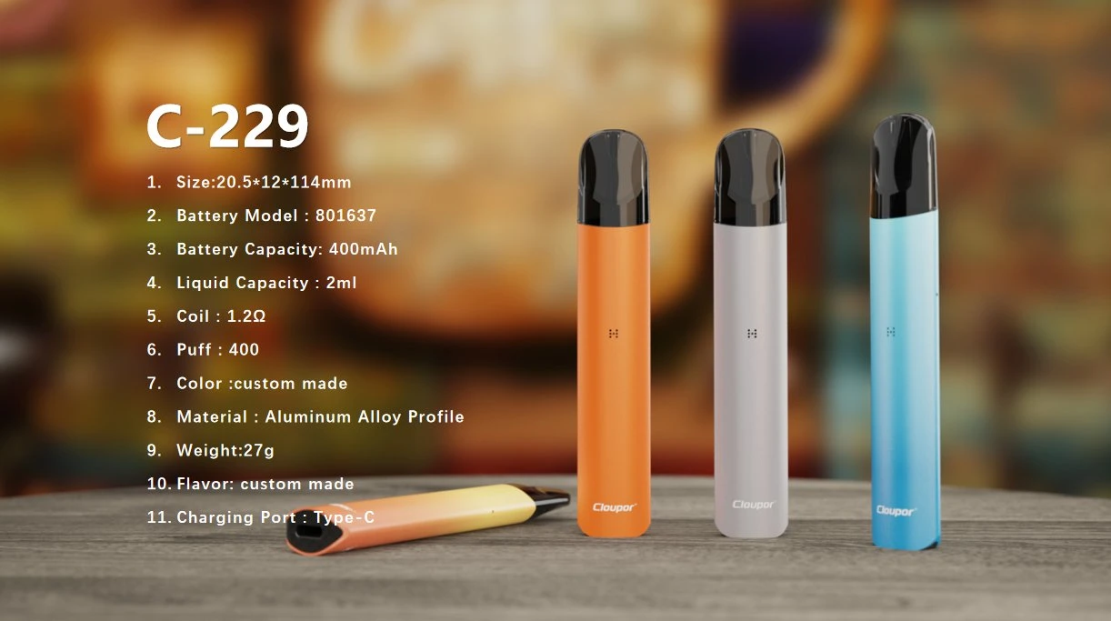 C229 mejor VAPE 400mAh 2ml sistema de vaina de Wape Vapes Hookah Shisha Pen Precio E CIGS