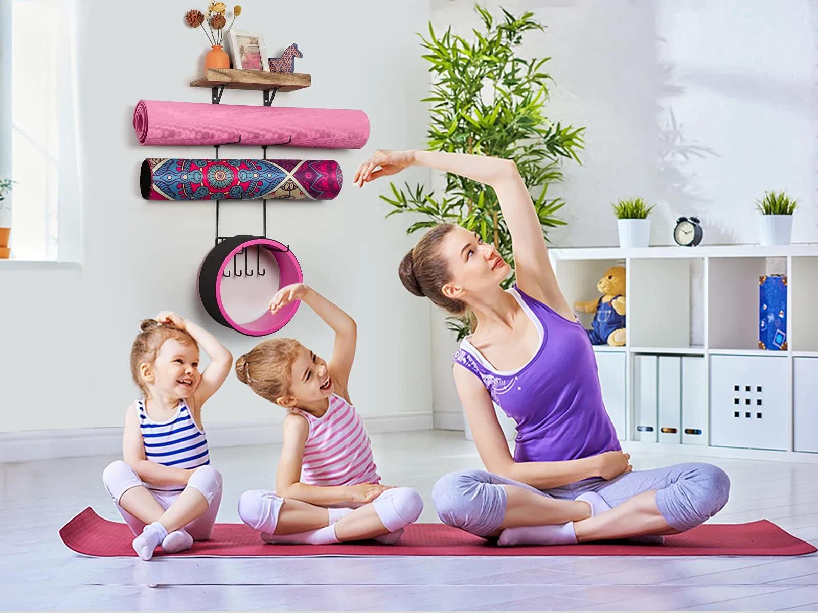 Yoga Mat Holder Wall Mount Yoga Mat Storage Home Gym Accessories with Wood Floating Shelves and 4 Hooks for Hanging Foam Roller and Resistance Bands at Fitness