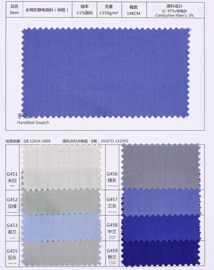 Leenol 100% algodón ESD antiestática cuadrícula de 10mm de Tejido de sarga para salas limpias