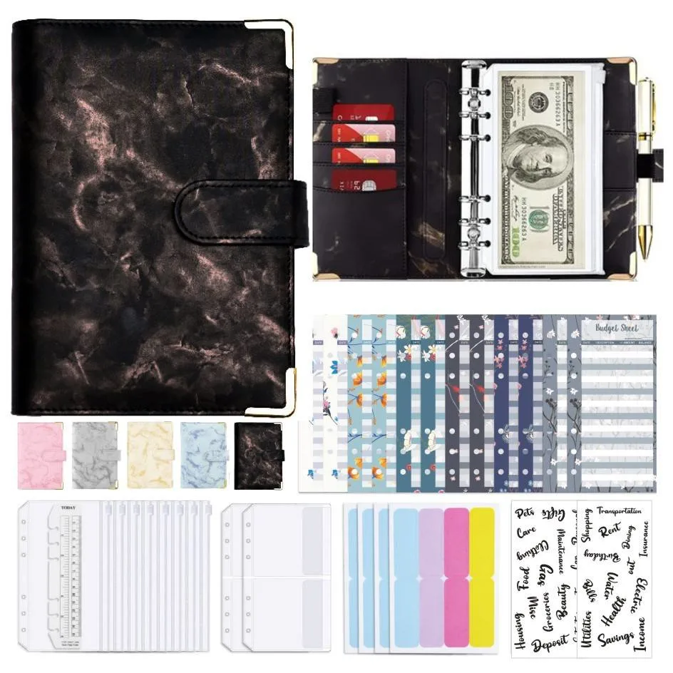 Juego de 37 A6 PU Cuero Cuero Cuaderno Planificador de Presupuesto Cover bolsillos hojas calcomanías Cuaderno de presupuesto Zipper Planner