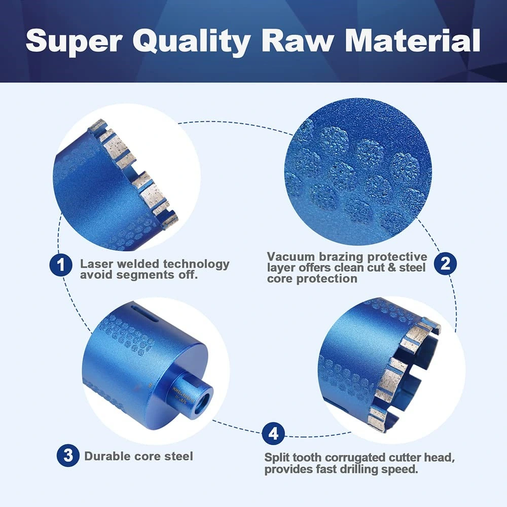 Broca de Perfuração de Núcleo de Diamante, Serra de Furo de Diamante Soldada a Laser de 3 Polegadas com Rosca 5/8-11 para Granito, Mármore, Bloco Sólido de Pedra, Concreto Reforçado, Uso a Seco/Molhado.