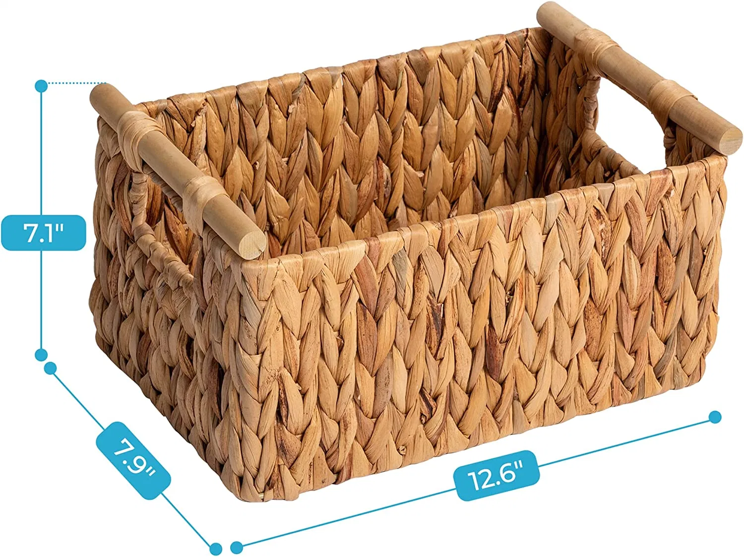 Hand Woven Water Hyacinth Wicker Storage Basket with Wooden Handles