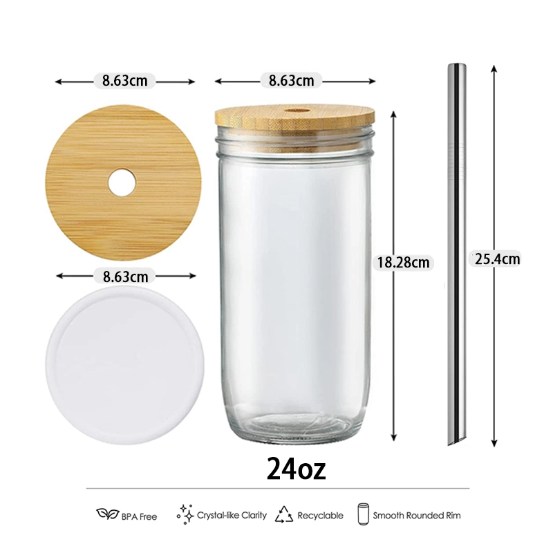 Eco Reusable Drinking 24oz Glass for Bubble Tea Iced Coffee Water Cup with Lids and Straws