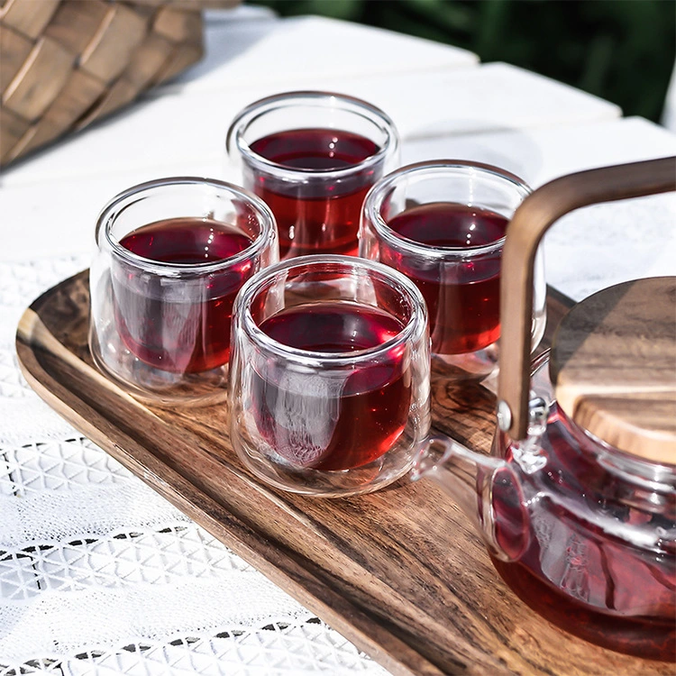 Color Box Packing Elegant Double Wall Gift Tea Pot Tasting Glasses Set with Bamboo Lid Tray