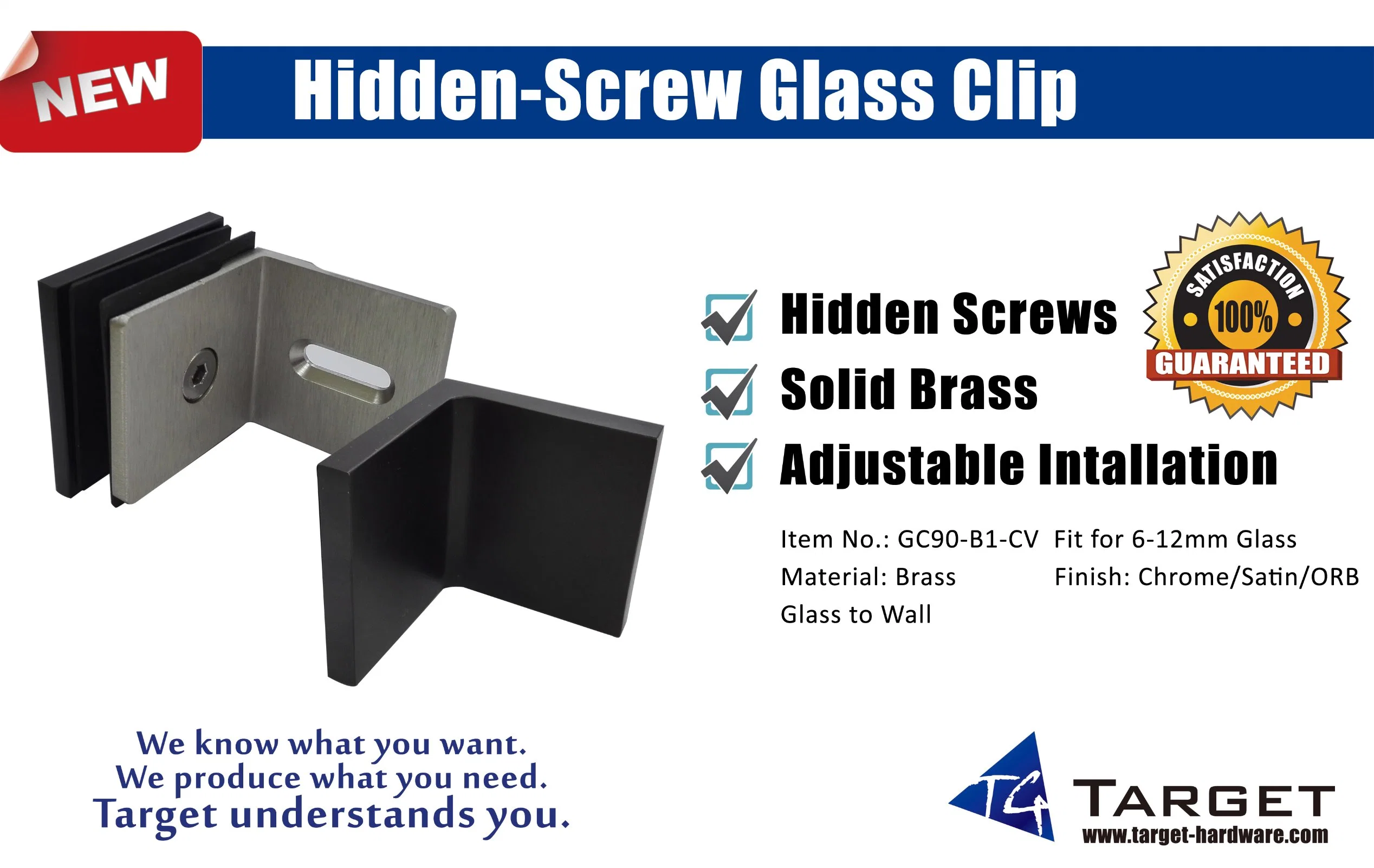 Brass Hidden-Screw Glass Clip (GC90-B1-CV)