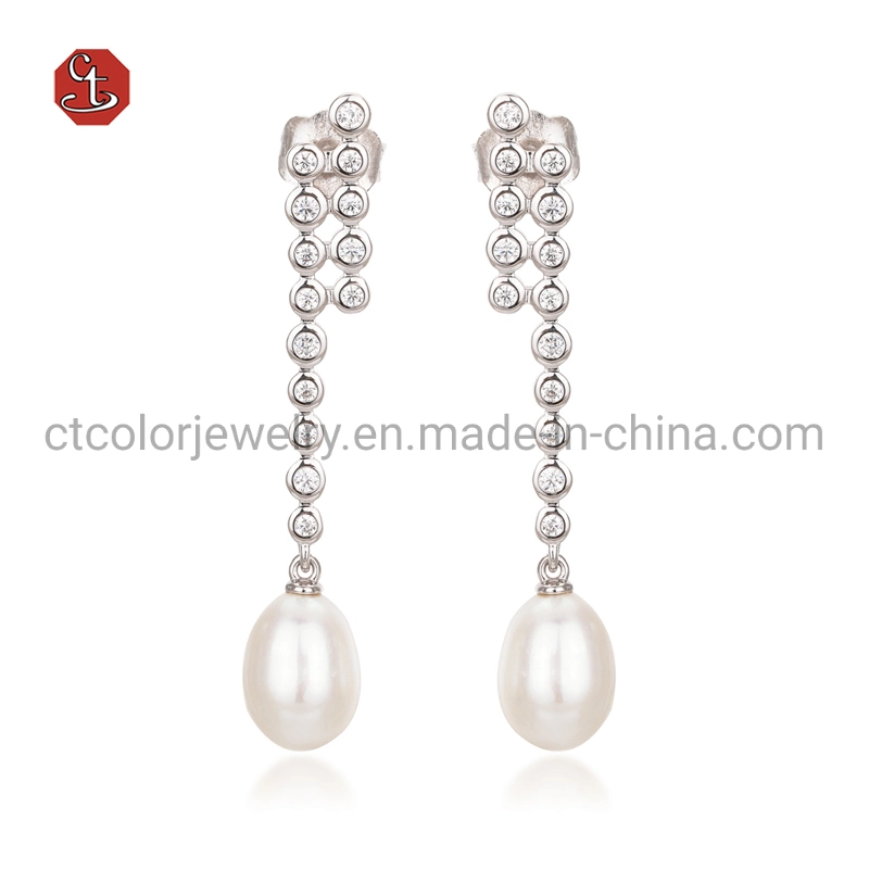 Bisutería de moda Plata y latón Blanco Concha Pearl pendiente gota Joyería