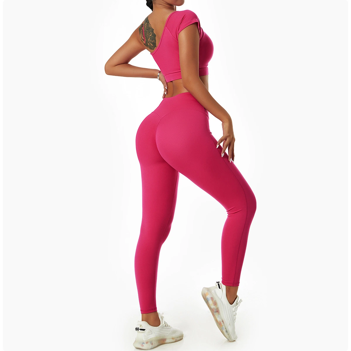 La mujer cintura alta Leggings Gimnasio entrenamiento correr Deportes pantalones de yoga establece cosecha Sexy Top Bra Bra Shorts ajustados set de ropa deportiva casual