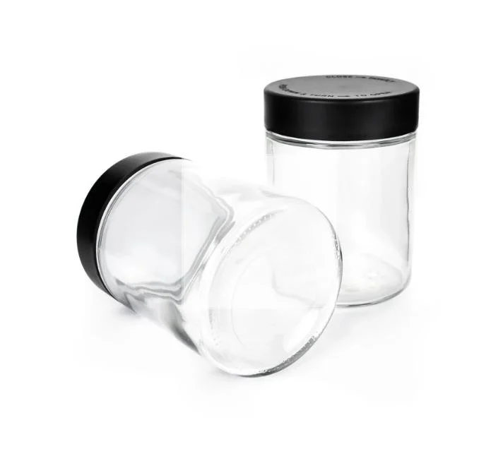 18 Oz Transparent Child Resistant Glass Jars with Black Cap for 1 Ounce Dry Flower with PE Liner to Create an Optimum Seal