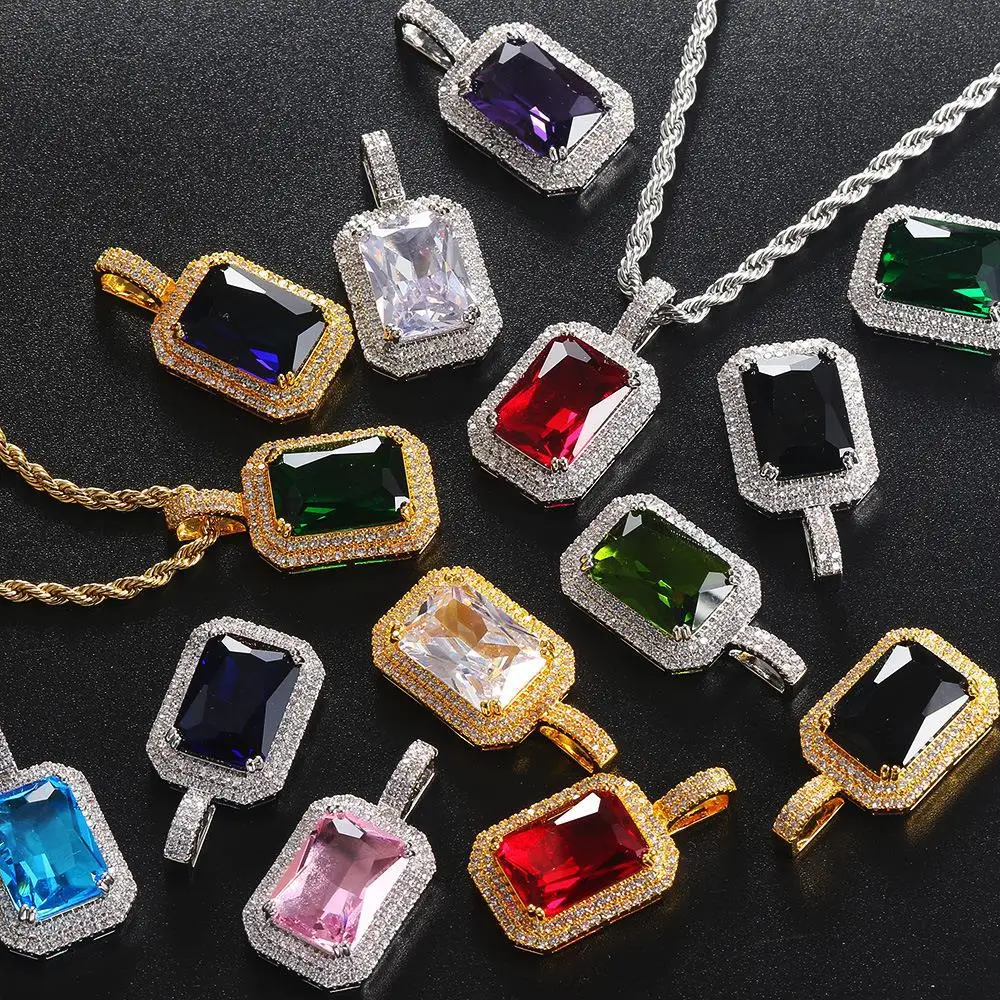 Solid Square Zirconia Pendant Full of Diamonds with Large Colored Stones Necklace