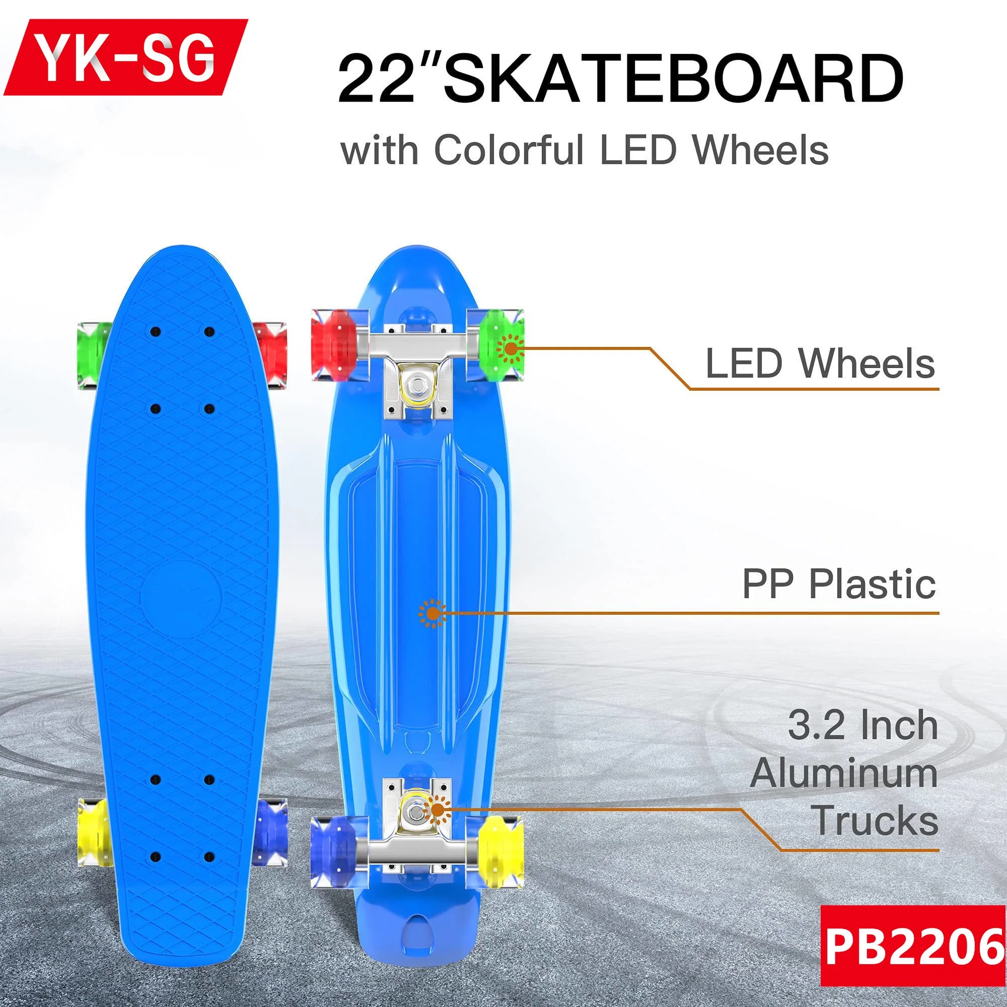 22 pulgadas LED transparente de plástico PP brillante monopatín con cuatro ruedas de la Junta de pescado