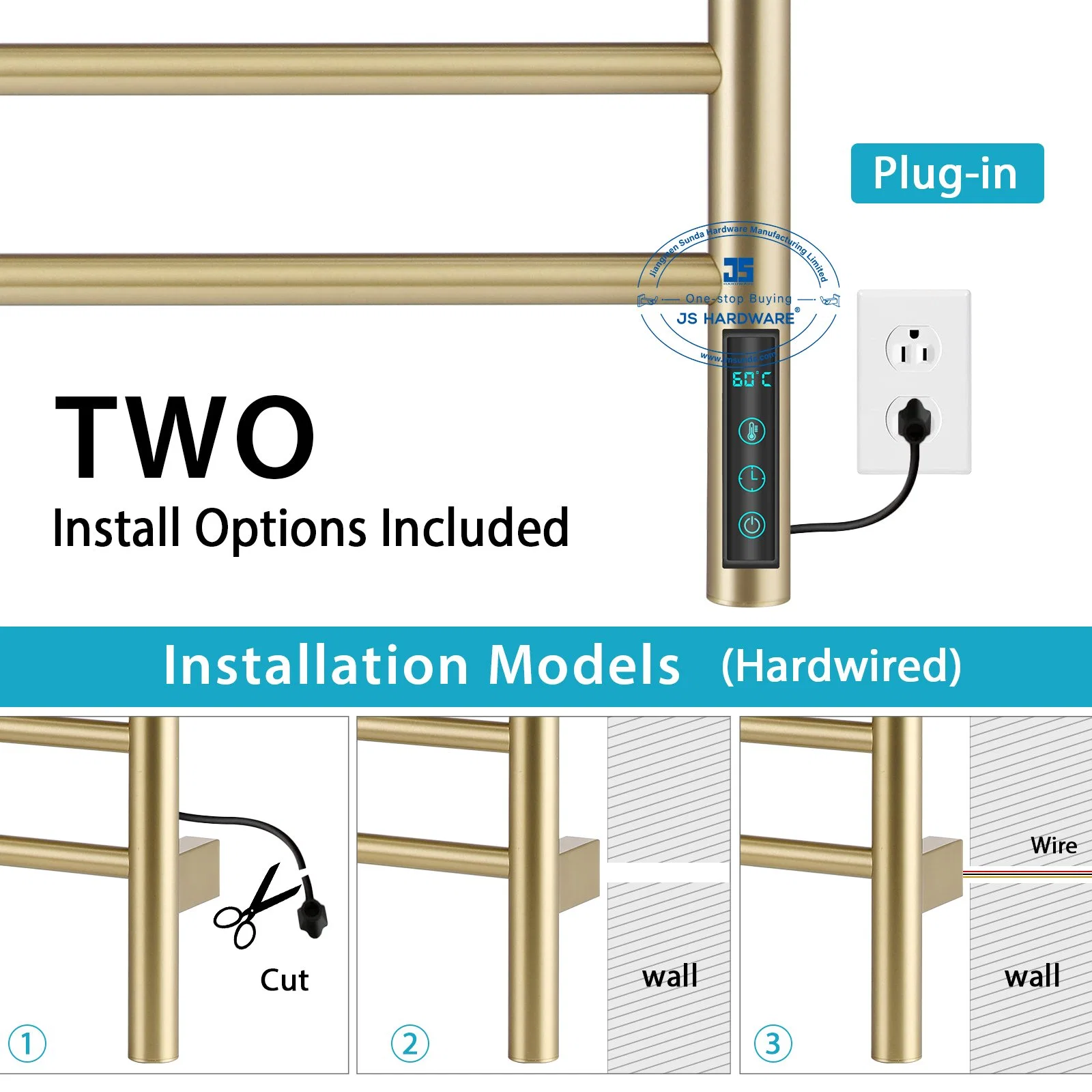 Toalhete elétrico aquecido em aço inoxidável para toalheiro de secagem Plug-in em rack Rack para casa de banho montado na parede